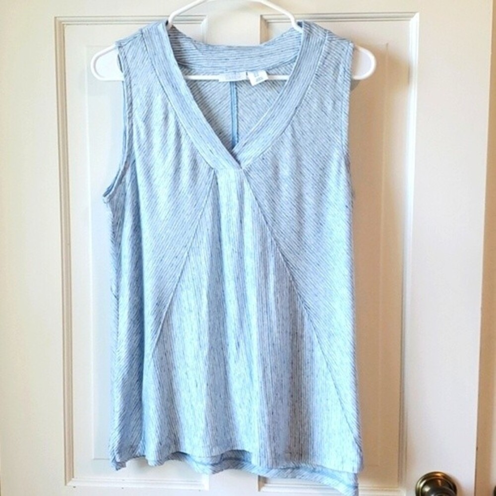 SIGRID OLSEN SLEEVELESS LINEN KNIT V-NECK BLUE TOP SIZE SMALL LAGENLOOK MINIMAL